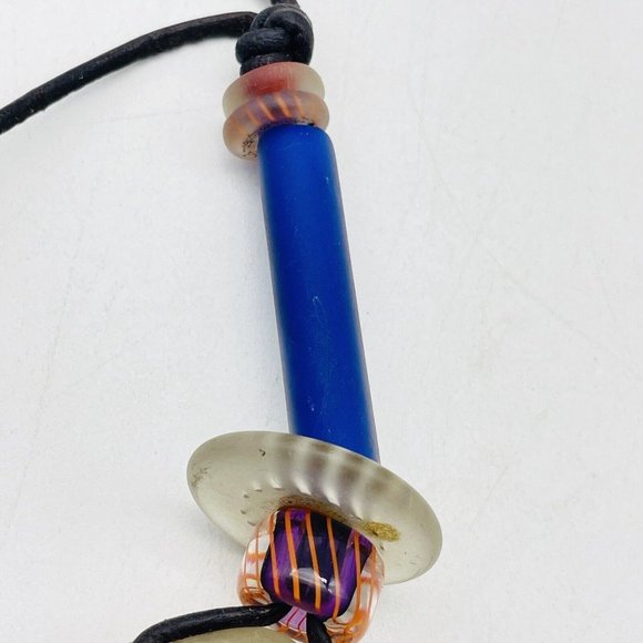 Art Glass Pendant Necklace Faux Leather Cord Silver Tone Boho Festival Party - Picture 3 of 6